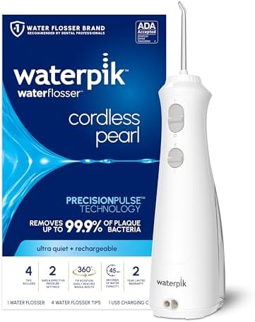 Waterpik Cordless Pearl Rechargeable Portable Water Flosser for Teeth, Gums, Braces Care and Travel with 4 Flossing Tips - ADA Accepted, WF-13 White, Packaging May Vary