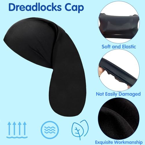 4 Pieces Unisex Jumbo Dreadlock Cap, Black Elastic Long Hair Bonnet Dreads Caps for Men Women, Loc Head Wraps Cap Hair Sleeve Full Cover Accessories, for Sleeping & Shower, 19 x 10 Inch