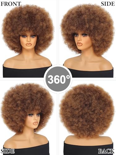 Afro Wig 14Inch Afro Wigs for Black Women 70s Mixed Brown Afro Kinky Curly Wig Bouncy Huge Fluffy Puff Wigs Synthetic Hair for Cosplay Daily and Party (Mixed Brown)
