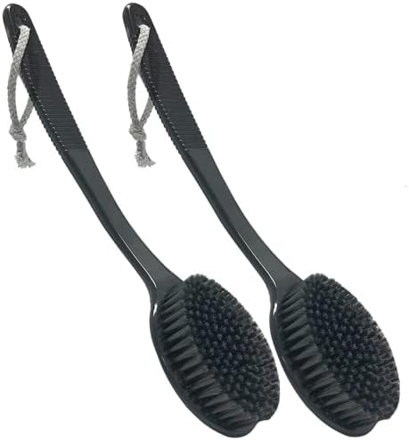 Back Bath Brush - Curved Long Handle Shower Brush with Medium Stiff Charcoal Bristles for Cleaning and Exfoliating Body, Back Scrubber for Men & Women (Black 2 Pack)