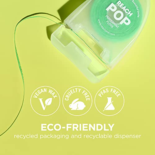REACH POP Dental Floss, Peppermint, Plaque Remover for Teeth, Shred Resistant, Vegan Wax, Cruelty Free, Eco Friendly Packaging, Oral Care, PFAS Free, for Adults & Kids, 3 Pack, 54.6 yd