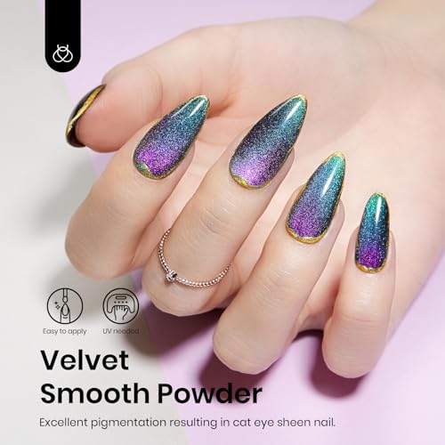 Beetles Cat Eye Chrome Nail Powder Set, 2 in 1 Holographic Metallic Mirror Effect Chameleon Galaxy Powder with No Wipe UV Gel Top Coat Magnet for Velvet Metallic Nail Art