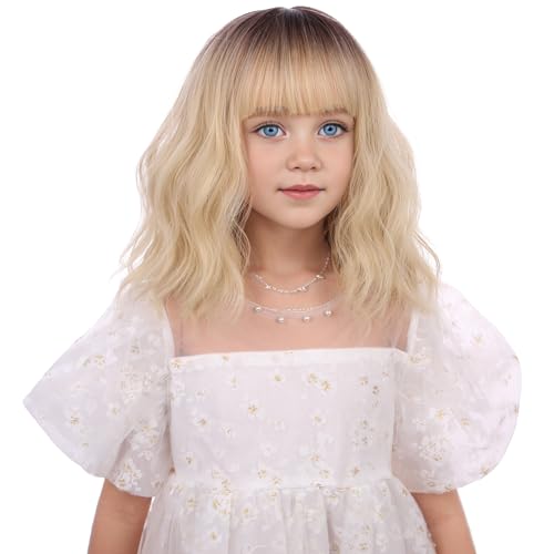 Edivd Black Ombre Blonde Wig for Child Short Blonde with Dark Roots Wig with Air Bangs for Girls Short Blonde Wavy Curly Wig for Kids Heat Resistant Synthetic Wig with Wig Cap