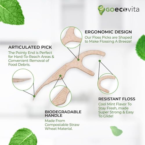 Biodegradable Floss Picks - Natural Straw Wheat Handle | Thin & Durable Thread for Tight Gaps! | Dental Flossers for Adults | Gentle on Gums & Teeth | Eco Friendly, Vegan, Natural (200 Pack, Mint)