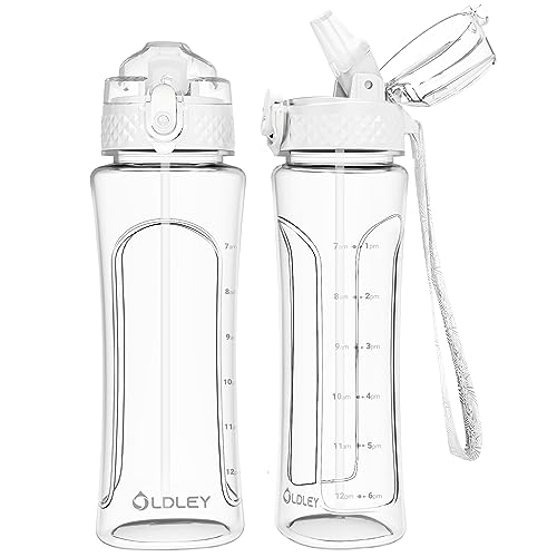 OLDLEY Kids Water Bottle with Straw 15 oz BPA-Free Leak-Proof Motivational Water Bottles with Time Marker for School Sports Travel Gym, Easy to Use for Girls Goys, 1 Straw Lid, Transparent