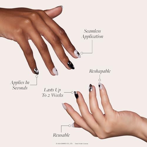 Glamnetic x Hello Kitty® and Friends Press On Nails - Pochacco™ | Short Oval Silver Metallic Graphic Fake Nails in a Chrome Finish | 15 Sizes - 30 Nail Kit with Glue