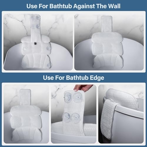 Bath Pillow Bathtub Pillow for Tub Luxury Bath Tub Pillows for Tub Neck and Back Support with 4D Air Mesh Fabric and 8 Strong Powerfull Non-Slip Suction Cups Relaxing Bath Accessories Spa Gifts, White