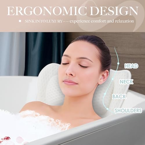 Bath Pillows for Tub Luxury, Bath Pillow for Head and Neck, Fit Bathtub Hot Tub Relaxing Gifts for Women, Comfort 4D Air Mesh Fabric & 6 Non-Slip Suction Cups (White)
