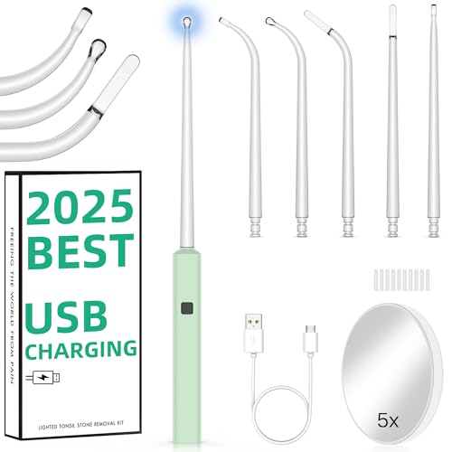 2025 Best Tonsil Stone Remover 6pcs Extended LED Light Guiding Scoop Curved Tonsil Stone Removal Kit Remove Tonsil Stone Water Flosser Oral Irrigator Tool Rinse Syringe Cleaner Fresh Breath Soft