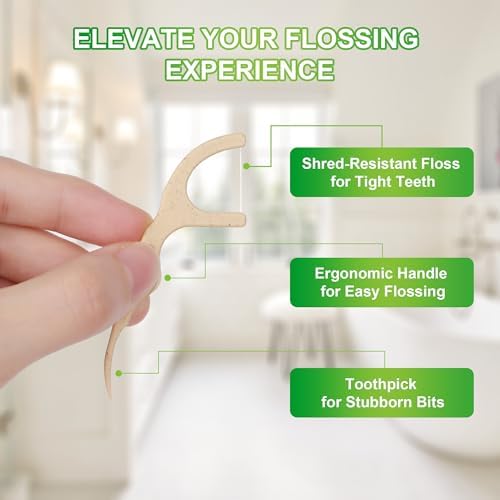 200 Count Biodegradable Dental Floss Picks, Eco Friendly Plant-Based Tooth Flossers for adults, Tear-Resistant Floss Sticks with Wide Handles, Vegan & BPA Free Dental Floss for Natural Oral Care, Mint