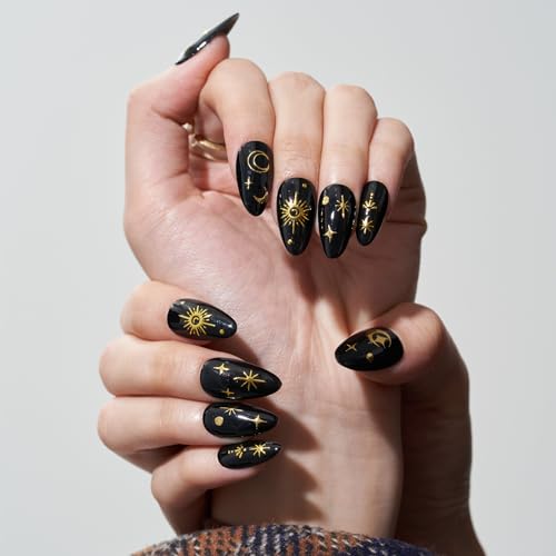 GLAMERMAID Press on Nails Medium Almond, Handmade Gothic Star in Black Gel Glue on Nail, Glossy Short Stiletto Reusable UV Finish Fake Nails Acrylic False Nails Manicure Kits for Women