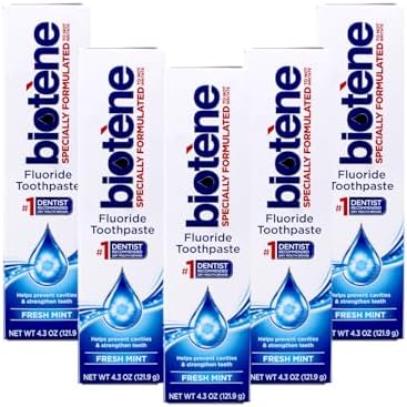 Biotene Fluoride Toothpaste for Dry Mouth Symptoms, Bad Breath Treatment and Cavity Prevention, Fresh Mint - 4.3 oz (Pack of 5)