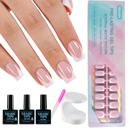 Misssix French Tip Press On Nails, 160Pcs Pink French Gel Nail Tips, Short Square Soft Gel Fake Nails, X-BASIC Tips Kit for Nail Art DIY 16 Sizes
