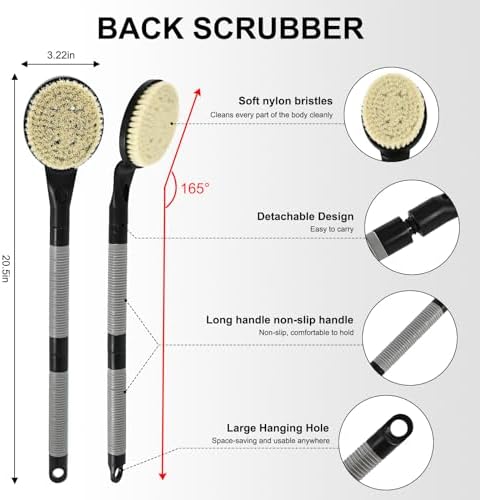 Back Scrubber Anti Slip for Shower, 21.7” Detachable Back Bath Brush for Shower, Back Scrubber, Exfoliation and Improved Skin Health for Elderly with Limited Arm Movement, Disabled (21.7” Black)