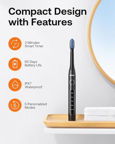 Bitvae ADA Accepted Electric Toothbrush, Travel Toothbrush Rechargeable for Adults and Kids, 60-Day Battery, 5 Modes, 8 Heads, Portable Travel Case & Holder, Shadow Black