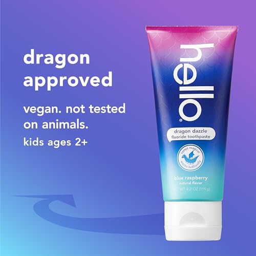 hello Dragon Dazzle Blue Raspberry Kids Toothpaste, Fluoride Toothpaste, Ages 2+, No Artificial Sweeteners, No SLS, Gluten Free, Vegan, Pack of 3, 4.2 OZ Tubes