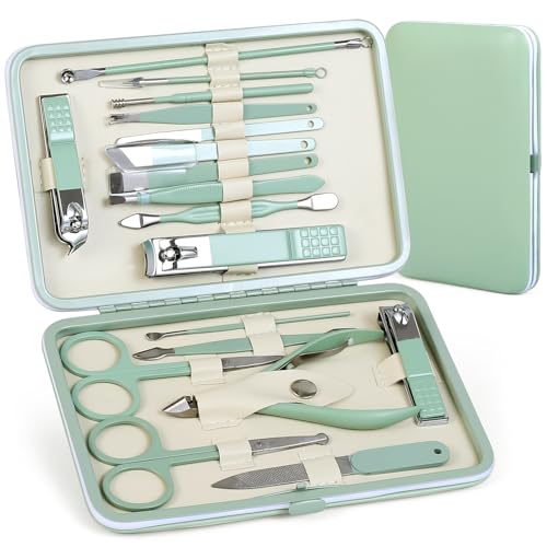 Manicure Set Pedicure Kit Nail Clippers Set Fingernail Clipper Set Ingrown Toenail Nail Kit Scissor Nail Trimmer Kit 18 Pieces Women and Men’s Care Grooming Tools with Fine Case (Tea Green_18 Pieces)