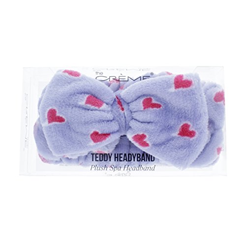 The Crème Shop Korean Skincare Beauty Facial Sweat Hair Towel, Non-slip Stretch Comfortable Wrap Band Adhesive Makeup Wash Spa Elastic - Lavender Purple Teddy Headyband with Pink Hearts