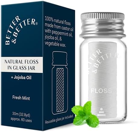 Better & Better Natural Floss in Refillable Glass Jar | Waxed & Zero Plastic Oral Care - 100% Plant-Based, Vegan, Eco and Non Toxic Dental Floss, 1 Spool
