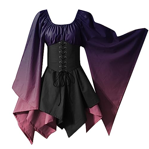 KEGIRLOM Deals of The Day Clearance Prime Womens Women's Medieval Renaissance Dress Costume Flare Sleeve Corset Skirt Overskirt Elven Archer Irish Over Gown 2pcs Set,Princess Dress for Women