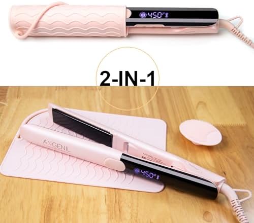 ANGENIL Flat Iron Hair Straightener and Curler 2 in 1, Titanium Dual Voltage Pink Hair Straightener, Anti-Scald Silicone Ionic Flat Iron with Heat Resistant Silicone Mat and Facial Cleansing Brushes