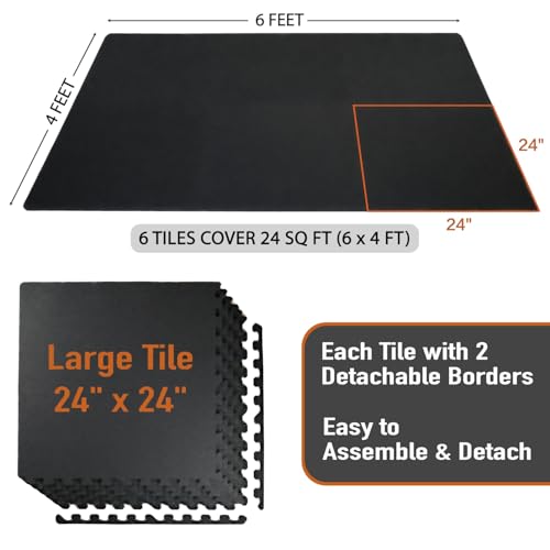 AIRHOP 0.56in Thick 24 Sq Ft Exercise Equipment Mats, 6 Tiles Upgraded Rubber Top with High Density EVA Foam, Large Interlocking Puzzle Gym Flooring for Home Gym, Heavy Weight Workout,Black