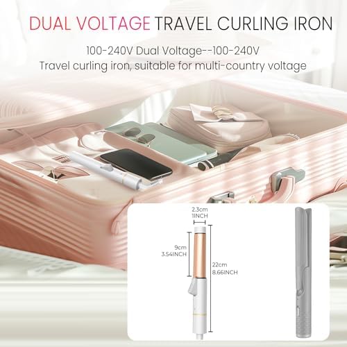 Mini Travel Curling Iron, European Travel Curling Iron Dual Voltage (100V-240V) Mini Size for Short Hair 1 inch, Portable Hair Curler with 30s Fast Heating Constant 180° for International (White)
