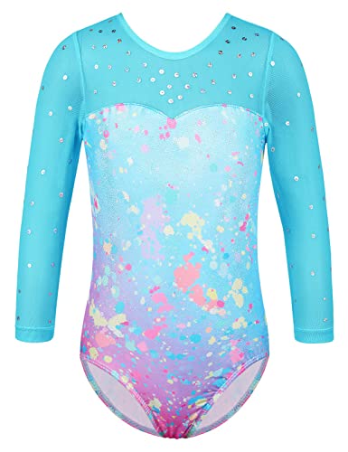 TFJH E Girls Leotard Gymnastics Outfits 3/4 Sleeve Ballet Dancewear Tumbling Clothes Tie Dye Blue Dot 4A