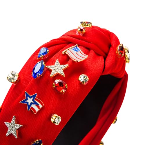 2Pcs 4th of July Headband for Women, Rhinestone Knotted Design with USA Flag Star Hair Hoop, Patriotic Independence Day Memorial Day Wide Hair Accessory with Jeweled Crystal (Red&Blue)