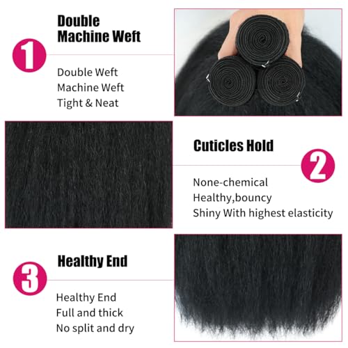 14 16 18 Kinky Straight Bundles Human Hair Yaki Straight Human Hair 3 Bundles 100% Unprocessed Brazilian Virgin Remy Hair Yaki Straight BundlesFor Black Women Natural Black Color
