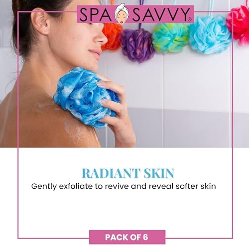 Bath Loofah Set, Pack of 6 Shower Body Sponges with Suction Cups for Men and Women, Exfoliating Pouf Bath Accessories, Multicolor