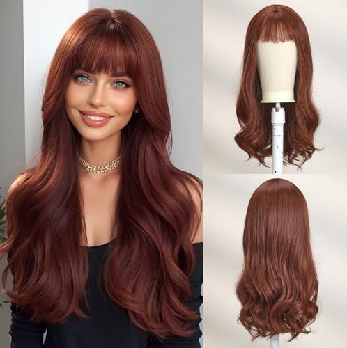 Esmee 24 Inches Long Wavy Wine Red Wigs for Women Natural Synthetic Hair Heat Resistant Wigs with Bangs for Daily Party Cosplay Use (Burgundy)