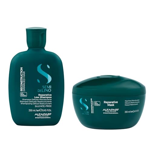 Alfaparf Milano Semi di Lino Reconstruction Reparative Shampoo and Mask Set - Sulfate Free Shampoo and Hair Mask for Damaged Hair - Repairs, Reconstructs, Strengthens - Adds Shine and Softness