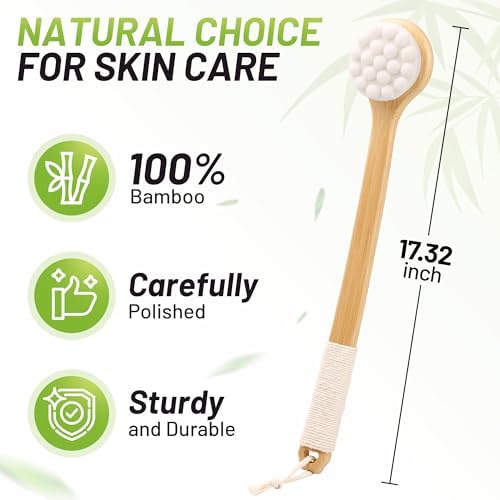 Back Brush for Shower, 17.32'' Long Handle Soft Bristles for Sensitive Skin, Effective for Cleansing, Non Slip Grip, Wall Mounted Dry Quickly, Exfoliation Body Scrubber for Men/Women/Elderly