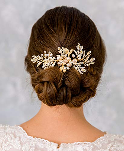 SWEETV Handmade Wedding Hair Comb Clip Rhinestone Bridal Hair Comb Piece, Gold Hair Accessories for Brides Wedding