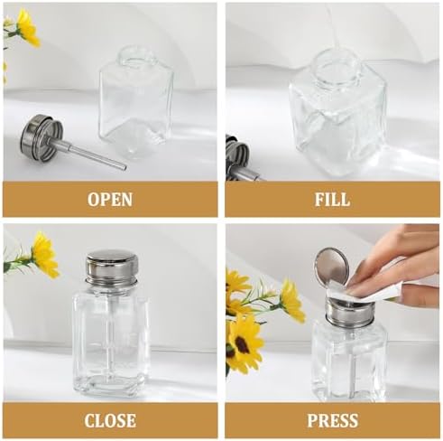 3 Pcs Clear Pump Dispenser Bottle Push Dispenser with Metal Flip Cap 180ml Glass Dispenser Pressure Container Refillable for Dispensing Nail Polish Remover Alcohol Toner and Makeup Remover
