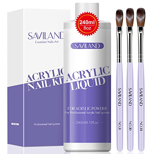 SAVILAND Monomer Acrylic Nail Liquid – 8.11fl.oz Acrylic Liquid with 3PCS Brushes Size（8/10/14) Non-Yellowing Monomer for DIY Home Nail Salon Use
