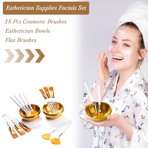18 Pcs Esthetician Supplies for Facials Set 6 Gold Facial Bowls Esthetician 6 Facial Brushes Esthetician 6 Flat Brushes Face Mask Cosmetic Applicators for Women Facial Mask Mixing Kit Facial Tools