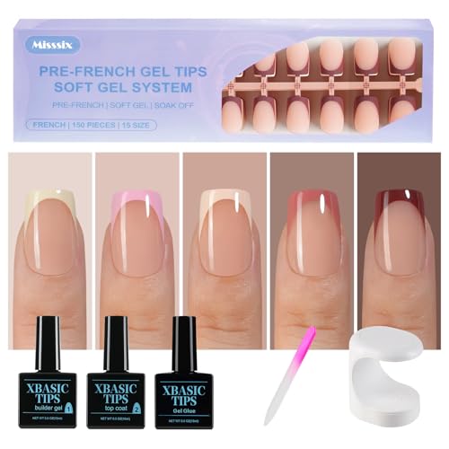 Misssix French Tip Press On Nails, 160Pcs French Gel Nail Tips, Short Square Soft Gel Fake Nails, X-BASIC Tips Starter Kit for Nail Art DIY 16 Sizes