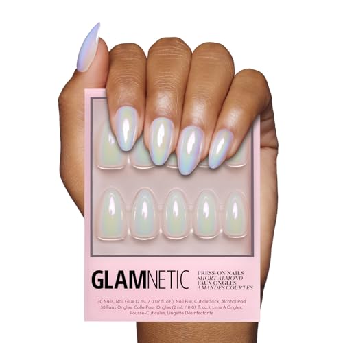Glamnetic Press On Nails - Entranced | Short Almond White Holographic Fake Nails, Semi-Transparent, Reusable | 15 Sizes - 30 Nail Kit with Glue
