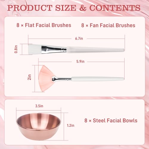 24Pcs Esthetician Supplies for Facials Set - Face Mask Applicator Brushes Tools, 8 Rose Gold Facial Bowls, 8 Fan Mask Brushes, 8 Flat Brushes, Spa Party Favor Esthetician Supplies for Mask DIY