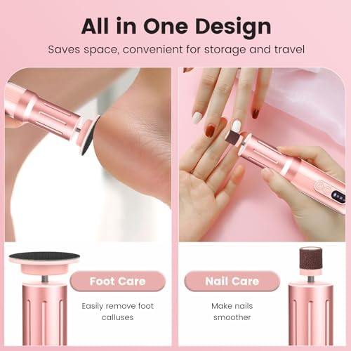 2 in 1 Electric Foot Callus Remover, Rechargeable Electric Callus Remover for Feet with 6 Adjustable Settings, Digital Display Screen Foot File & Nail Drill, Low Noise Foot Scrubber Women Men (Pink)