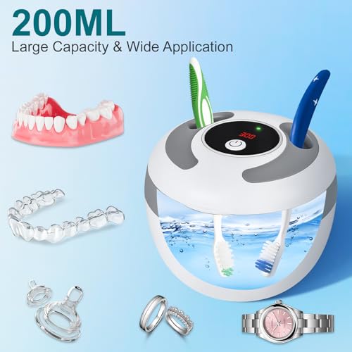 45kHz Ultrasonic Retainer Cleaner Machine – 200ML Dental Cleaning Pod with 4 Wash Modes, Digital Timer for Dentures, Aligners, Mouth Guards, Braces, Jewelry & Toothbrush Heads (White)
