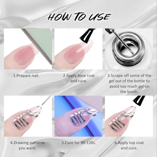 2x12ml Metallic Mirror Nail Polish, Ultra Mirror Silver & Gold Metal Painted Drawing with Thin Brush, Chrome Gel Polish Nail Art Gel Liner Soak Off DIY