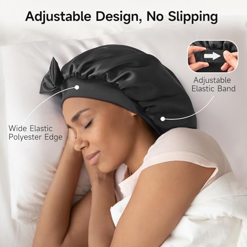 Umisleep Double-Sided 100% 22 Momme Mulberry Silk Bonnet for Sleeping Women, Large Silk Hair Wrap for Long Curly Hair, Non-Slip Sleep Cap with Adjustable Band, Black