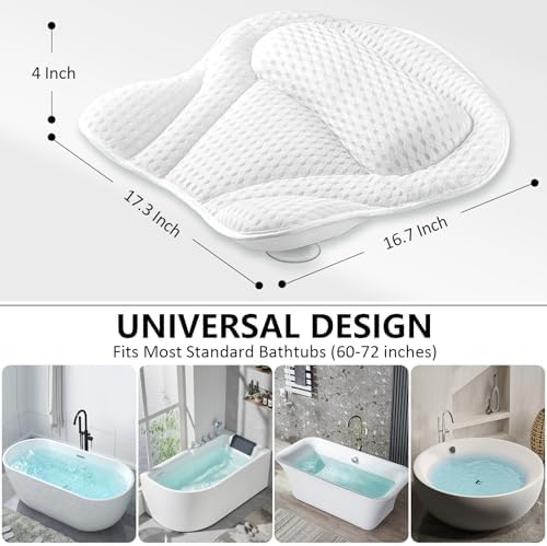 Bath Pillow for Bathtub, 4-Inch Thick Ergonomic Head Neck Support, 6 Strong Suction Cups, Breathable 4D Air Mesh – Machine Washable, Quick Dry, Luxury Spa Accessories (White, 17.3” x 16.7”)