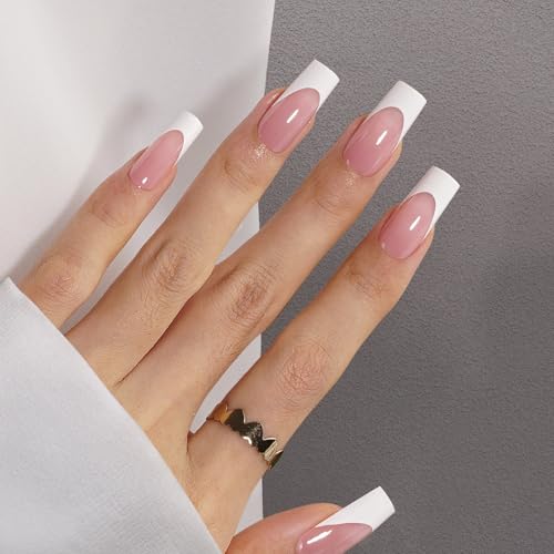 Canvalite French Tip Press on Nails - 300Pcs Pre-Colored Quick and Easy Press on Nails Long Square Fake Nails with Designs DIY Gel Nail Tips, Pink White