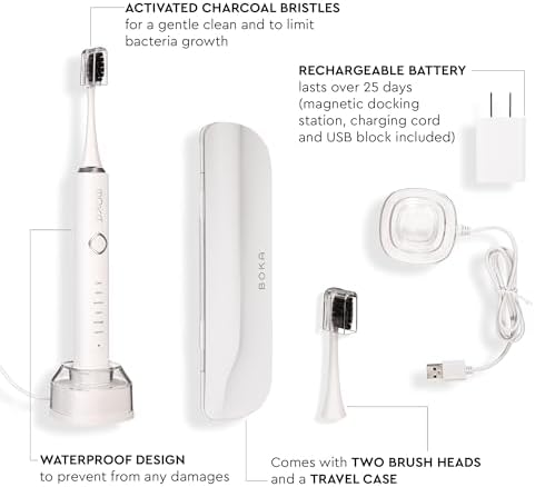 Boka 3.0 Electric Toothbrush for Adults w/ 2 Heads - Rechargeable Sonic Powered Tooth Brush - Charcoal Activated Bristles for Deep Cleaning - Dentist Recommended Oral Care - Charging Base w/Micro USB