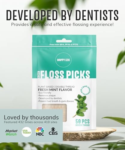 Biodegradable Floss Picks (200pcs) - Natural Dental Floss - Nontoxic Plant Based Floss Sticks for Adults & Kids - Vegan Tooth Pick Flossers - Single Thread Mint