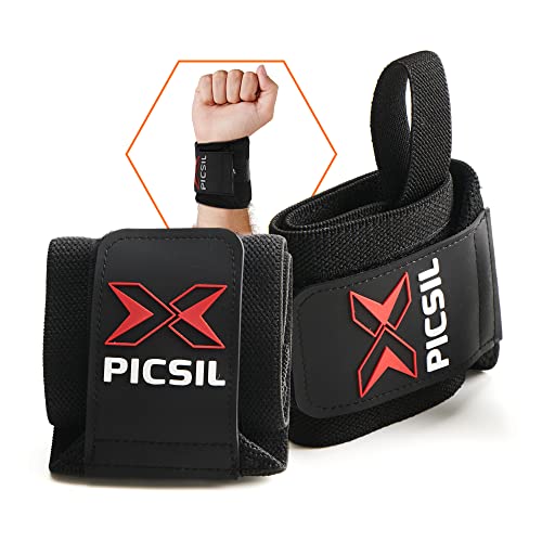 PICSIL - Double Fabric Fastener Wrist Wraps | Stretchable Cotton with Thumb Loop | High Performance for Crossfit & Weightlifting, Black, Unico, Cotton